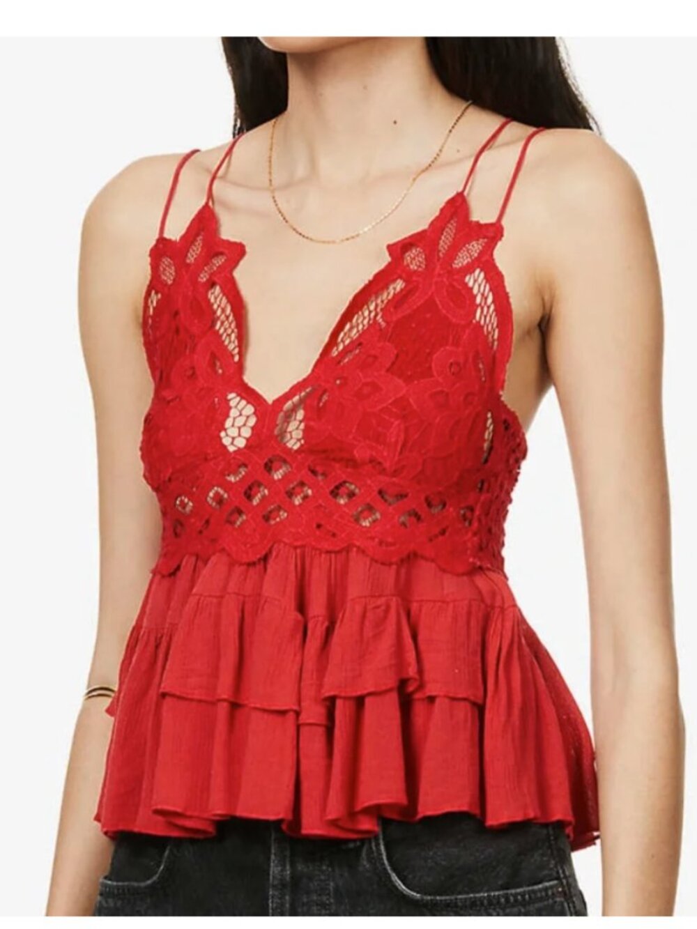 Free People One Adella Red Lace Crochet Peplum Cami Top Size XS NWT